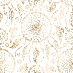 Wallpaper murals Boho style Hand drawn gold boho seamless pattern with indian tribal dream catcher and beads on white background