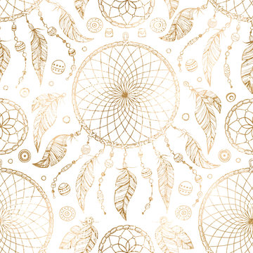 Hand drawn gold boho seamless pattern with indian tribal dream catcher and beads on white background