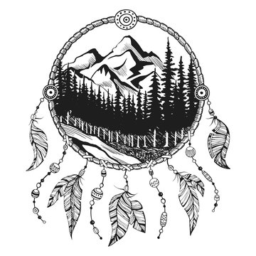 Black and white illustration of indian tribal dream catcher and forest. Native american hand drawn background