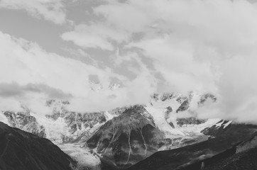 Black and white shot of Svaneti range and latpari pass, Ushguli, Svaneti region of Georgia