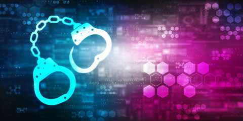 2d illustration Cyber Security concept: pixelated handcuffs icon on digital background, Cyber crime concept