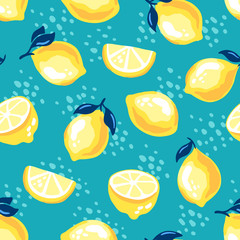 Citrus fruit seamless pattern with lemons and dots on turquoise background