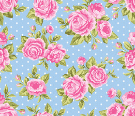 Seamless floral pattern with pink roses, peonies flowers and polka dots