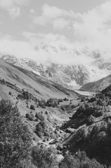 Black and white shot of Peak Shkhara Zemo Svaneti, Georgia. The main Caucasian ridge