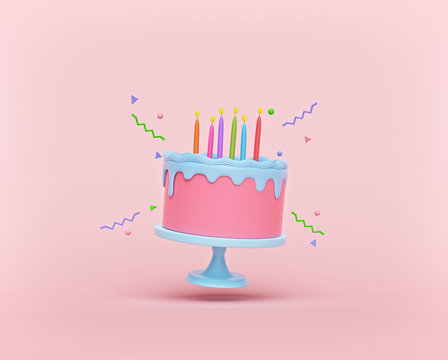 cartoon style Flying Birthday cake with candles isolated on pastel background. Levitation. colorful minimal design. 3d rendering