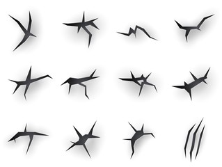 Cracks torn with claw scratches, vector realistic icons on white paper background. Beast claw marks with torn scratches and sharp fissures texture, dry damaged breaks and scraps