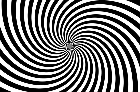 A black and white spiral optical illusion background. Stock illustration, monochrome