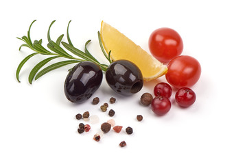 Fresh branch of rosemary herb with olives and lemon, isolated on white background