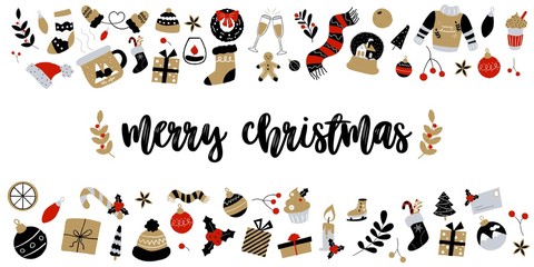 Set of vintage Christmas and New year elements for greeting card. Hand-drawn doodles decoration, pattern, ornaments. Gift boxes, balls, sweater, christmas stocking, candles, hats, tree, mugs, dessert.