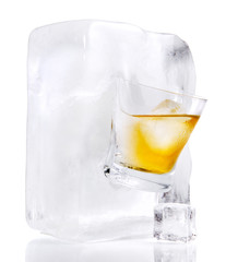 Whisky on the Rocks Glass Ice Cube - Ice Melting - White Background
