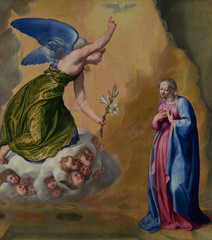 Dipinto di Scipione Pulzone, Annunciazione. Conservato presso la Chiesa del Gesù a Roma - obrazy, fototapety, plakaty