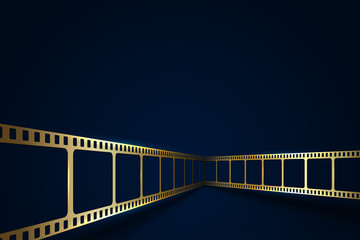 Realistic 3D gold cinema film strip isolated on blue background. Festive design cinema film frame with place for text. Vector template movie for advertisement, poster, brochure, banner, flyer. EPS 10