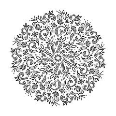 Zentangle mandala, page for adult colouring book, vector design element. Ornamental round black doodle flower, leaves isolated on white background.