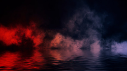 The confrontation of water vs fire. Mystical smoke with reflection on the shore. Stock illustration background. Design element.