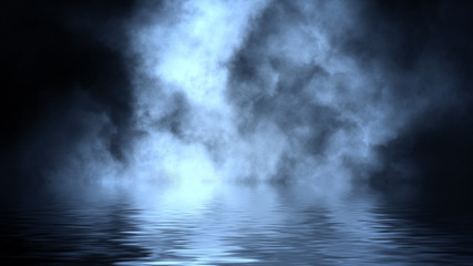 Amazing dry ice blue smoke with reflection in water. Texture overlays. Design element.