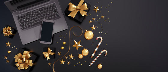 Laptop, smartphone and black gift boxes with golden bows and stars on dark background - 3D illustration