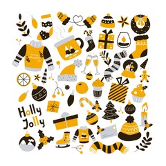 Set of vintage Christmas and New year elements for greeting card. Hand-drawn doodles decoration, pattern, ornaments. Gift boxes, balls, sweater, christmas stocking, candles, hats, tree, mugs, dessert.