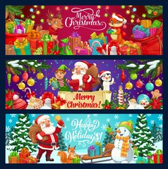 Obraz na płótnie Canvas Santa, snowman, reindeer and elf with Christmas tree and gift vector banners. Claus with Xmas bell, bag of presents and candies, snow sledge, balls and ribbon bows, gingerbread cookies and snowflakes
