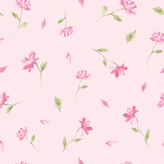 Little flowers watercolor painting - hand drawn seamless pattern on pink background