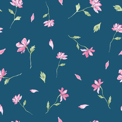 Little pink flowers watercolor painting - hand drawn seamless pattern on navy blue background