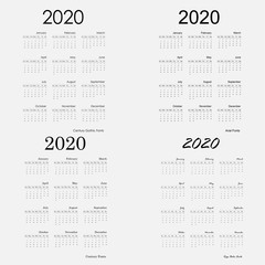 2020 Calendar Template.Calendar 2020 Set of 12 Months.Yearly calendar vector design stationery template.Vector illustration.