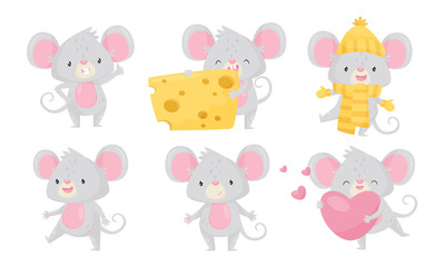 Plakat Cute Funny Little Mouse Cartoon Character Collection, Adorable Small Rodent Animal in Different Situations Vector Illustration