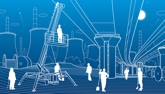 Construction site. People working. Service bridge. Industry machinery, crane lifts a man. Car overpass and power plant at background. Infrastructure urban buildings illustration. Vector design art