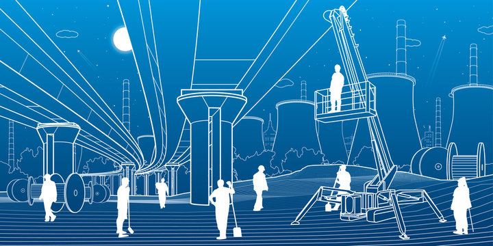 Construction site. People working. Service bridge. Industry machinery, crane lifts a man. Car overpass and power plant at background. Infrastructure urban buildings illustration. Vector design art