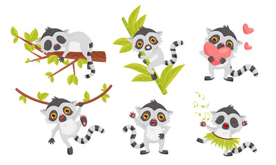 Cute Funny Little Lemur Cartoon Character Collection, Sweet Exotic Animal in Different Situations Vector Illustration