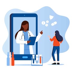 Doctor appointment. Online consultation. Modern healthcare technologies. Young female character talking with female doctor or gynecologist on smartphone screen. Birth control, menstrual cycle