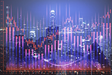 Double exposure of forex chart drawings over cityscape background. Concept of success.