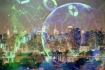 Double exposure of forex chart drawings over cityscape background. Concept of success.