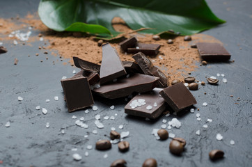 Delicious pile of pieces of chocolate, salt,cocoa powder, coffee beans on the black surface, green foliage on the background