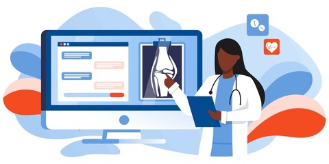 Joint, Bone Health Action Week. Osteoporosis world day, osteoarthritis anatomical. Joint pain, fragility of lower leg. Doctor looking at x-ray shot on computer screen. For banner, landing page, flyer