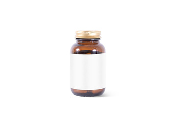 Blank amber glass pill can with white label mockup, isolated