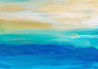 Fototapeta na wymiar Abstract modern oil painting background texture. Blue, turquoise, yellow, white brush strokes on paper. Colorful elegant art backdrop. 