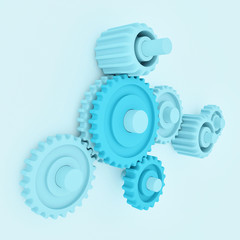 3D cogs and gears isolated on blue background; work concept in gear mechanism; business teamwork and cooperation 3d rendering, 3d illustration