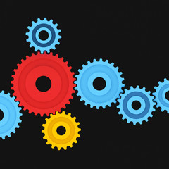 Colorful cogs and gears isolated on black background; work concept; business teamwork and cooperation 3d rendering, 3d illustration