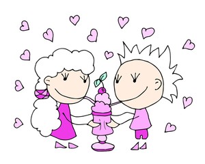 Valentine's Day. Cute hand drawn Boy and Girl isolated on a hearts background. Vector illustration.
