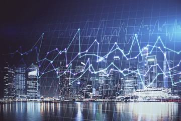 Financial chart on city scape with tall buildings background multi exposure. Analysis concept.