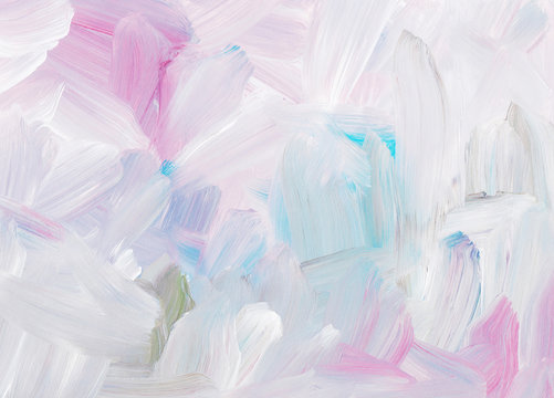 Abstract art oil painting background texture. White, pink, blue brush strokes on paper. Colorful pastel backdrop. 