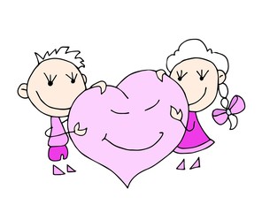 Valentine's Day. Cute hand drawn Boy and Girl isolated on a hearts background. Vector illustration.