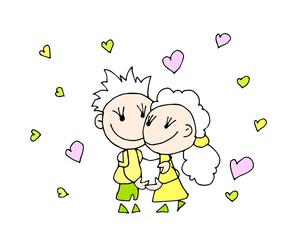 Valentine's Day. Cute hand drawn Boy and Girl isolated on a hearts background. Vector illustration.