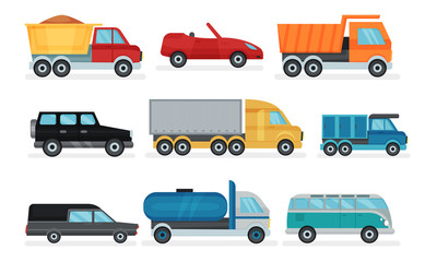 Transport Collection, Taxi Car, Public Vehicles and Cargo Trucks Vector Illustration