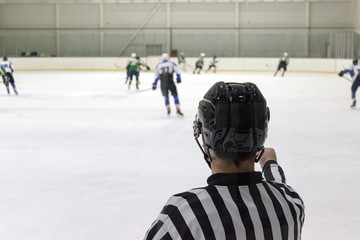 Hockey referee on the ice watching the game, back view