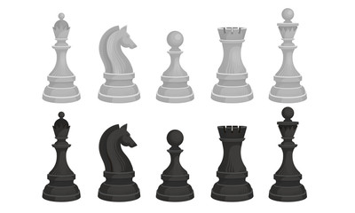 Black and White Chess Figures Collection, Chess Pieces, Queen, King, Knight, Bishop, Rook Vector Illustration