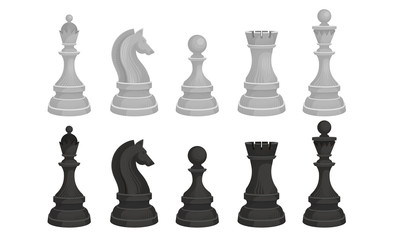 Black and White Chess Figures Collection, Chess Pieces, Queen, King, Knight, Bishop, Rook Vector Illustration
