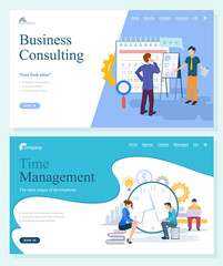 Business tech of company consulting and management, startup and stages of development. System analysis, principles and knowledge online vector. Website or webpage template, landing page flat style