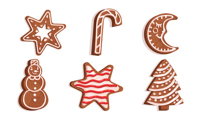 Fototapeta na wymiar Gingerbreads Collection, Christmas Cookies of Different Shapes Vector Illustration
