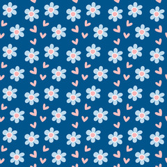 Girly seamless pattern with flowers and hearts. Repeated floral print. Vector illustration.